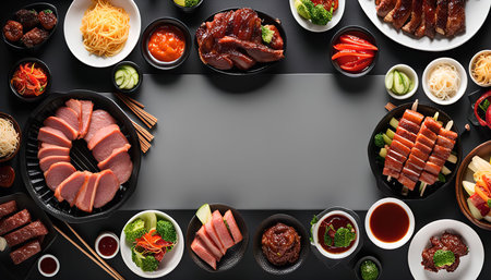 A spread of delicious Chinese dishes on a black table. There is a variety of meat, vegetables, and sauces. The food is arranged in a visually appealing way, making it look even more delicious.の写真素材