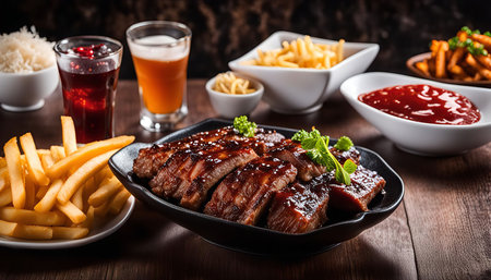 Close up of a plate of BBQ ribs with sides of French fries, ketchup, and a glass of beer on a wooden table.の写真素材
