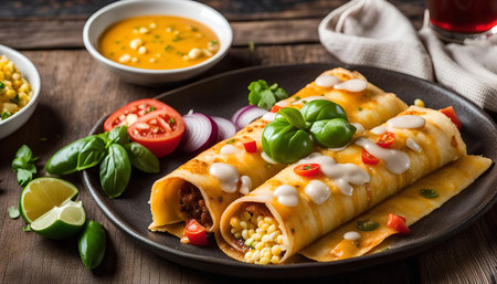 Close-up shot of enchiladas, filled with savory ingredients and topped with creamy white sauce, accompanied by fresh basil, tomatoes, onions, and corn.の写真素材
