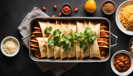 A close up of a delicious-looking dish of enchiladas, ready to be enjoyed. The enchiladas are topped with a chili sauce and a sprinkle of cheese. The image captures the colors and textures of the dish, making it look even more appetizing.の写真素材
