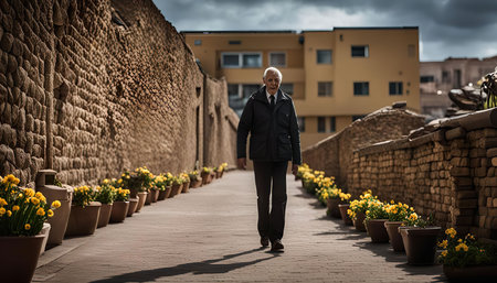 An elderly man walks down a stone path lined with potted yellow flowers, passing a building with stone walls and a cloudy sky overhead.の写真素材