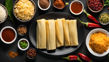 Close up, overhead view of Tamale ingredients on a black background.の写真素材