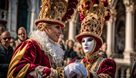 Two people in elaborate costumes and masks, with golden details, at the Venetian Carnival in Italy.の写真素材