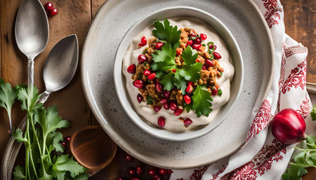 A close-up view of a traditional Middle Eastern dip with a garnish of pomegranate seeds and parsley. The dip is served in a white bowl on a wooden table, accompanied by a white napkin and spoons.の写真素材