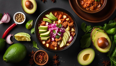 Close-up of a delicious Mexican soup, featuring avocado slices, red onion, beans, spices, and fresh herbs, served in a bowl on a dark surface.の写真素材