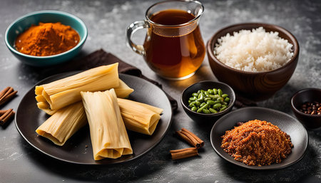 A close-up of a plate of tamales, served with rice, piloncillo, spices and a cup of teaの写真素材