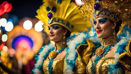 Two women in vibrant carnival costumes, adorned with feathers, headwear, and jewelry, smile brightly as they participate in a parade. The image captures the festive atmosphere and excitement of the celebration, with vibrant colors and sparkling details.の写真素材