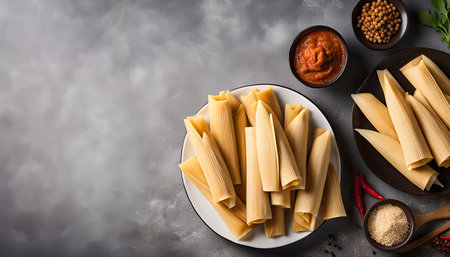 Close-up of raw tamales with corn husks ready to be filled with savory ingredients.の写真素材