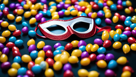 A red and white mask decorated with glitter sits atop colorful confetti on a blue background, creating a festive and celebratory atmosphere.の写真素材