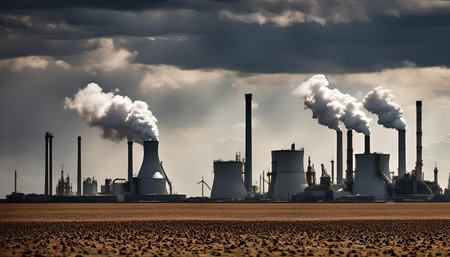 A large industrial complex with tall smokestacks emitting thick plumes of smoke against a cloudy sky. The image captures the impact of industrial activity on the environment.の写真素材