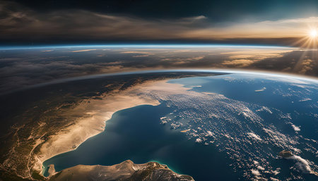 A breathtaking view of Earth from space, showing the planet's intricate details: a curve of the horizon, swirling clouds, a vast ocean, and a radiant sun lighting up the atmosphere. It's a testament to the beauty and fragility of our home.の写真素材