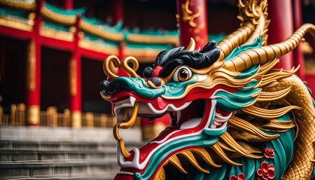 A close-up of a beautifully crafted Chinese dragon statue, showing intricate details and vibrant colors against a backdrop of a traditional temple.の写真素材