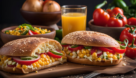Close-up of two corn and veggie sandwiches on a wooden board, one cut open revealing the delicious filling.の写真素材