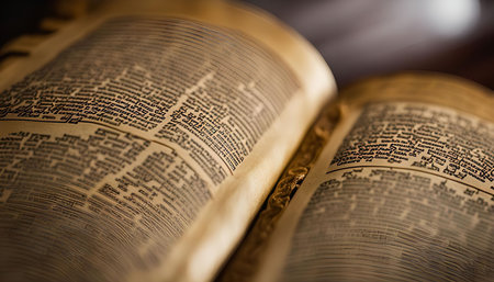 A close-up of an old, vintage book with yellowed pages and intricate lettering.の写真素材
