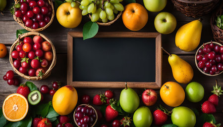 A vibrant arrangement of fresh fruits surrounds a rustic chalkboard on a wooden surface. The assortment includes apples, oranges, pears, grapes, cherries, strawberries, kiwi, mango, and other delightful fruits, creating a tempting and colorful display.の写真素材