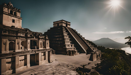 A majestic Mayan pyramid, a testament to the ancient civilization, stands majestically against the backdrop of a majestic mountain and a serene ocean. The pyramid, a marvel of ancient architecture, showcases intricate details and a grand staircase leading to the summit, offering a glimpse into a fascinating history.の写真素材