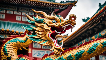 A close-up of a golden dragon statue with green scales adorning the roof of a traditional pagoda. Its sharp fangs and piercing eyes suggest power and wisdom.の写真素材