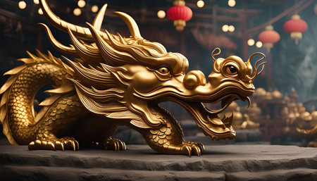 A golden dragon statue, a symbol of power, wisdom, and good fortune in Chinese culture.の写真素材