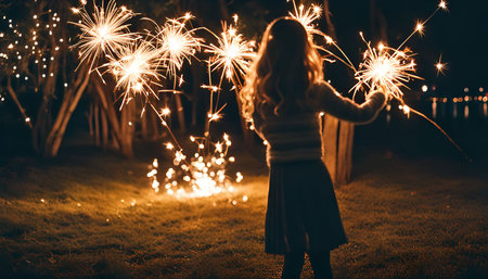 A young girl holds sparklers in her hands while standing in a grassy field at night. The sparklers are glowing brightly and create a magical atmosphere.の写真素材