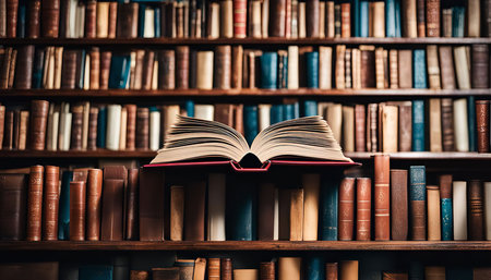 An open book rests on a wooden bookshelf filled with numerous books. It symbolizes learning,...