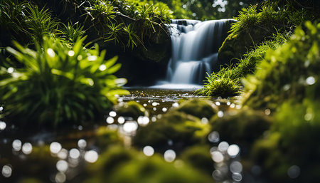 A serene waterfall cascading down moss-covered rocks in a lush green forest. The water is flowing smoothly, creating a sense of peace and tranquility. The image is captured at a low angle, highlighting the beauty of the surrounding vegetation.の写真素材
