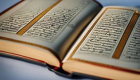 A close-up view of an open Quran, showing the intricate calligraphy and golden decorations. The pages are filled with Arabic script, a testament to the holy text's significance in Islamic faith.の写真素材