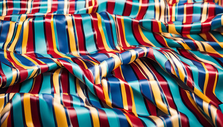 Close up of a vibrant striped satin fabric, showing its smooth texture, flowing drapes, and colorful pattern.の写真素材