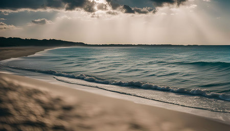 A breathtaking sunset paints the sky with golden hues, casting a warm glow over a tranquil beach. Gentle waves lap at the sandy shore, creating a serene and peaceful atmosphere.の写真素材