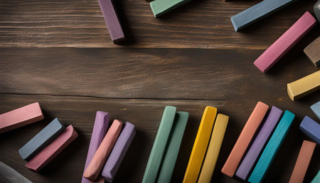 A collection of colorful chalk sticks arranged on a rustic wooden surface.の写真素材