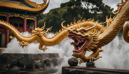 A golden dragon statue stands proudly in front of a traditional Chinese temple, its intricate details and powerful presence captivating the viewer.の写真素材
