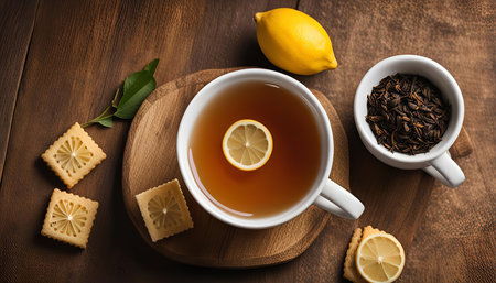 A cup of hot tea with lemon and cookies on a wooden table, ready for a relaxing afternoon.の写真素材