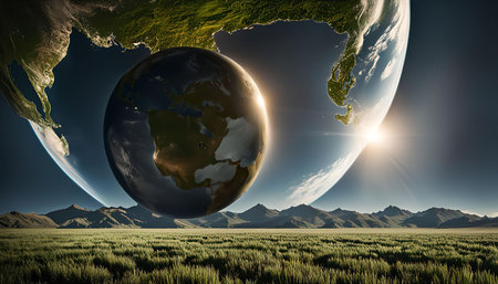 A fantasy landscape with earth as a giant globe hovering above the horizon, sun setting behind it in the sky.の写真素材