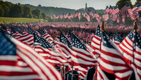 A vast field filled with American flags waving in the breeze, creating a powerful symbol of patriotism and unity.の写真素材