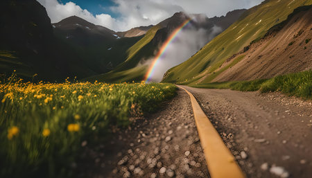 A winding dirt road leading up to a mountain range with a rainbow forming in the distance, creating a captivating scenic view.の写真素材