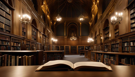 An open book lies on a table in the center of a grand library, surrounded by towering bookshelves filled with volumes of knowledge. The image evokes a sense of peace and quiet, perfect for contemplation and learning.の写真素材