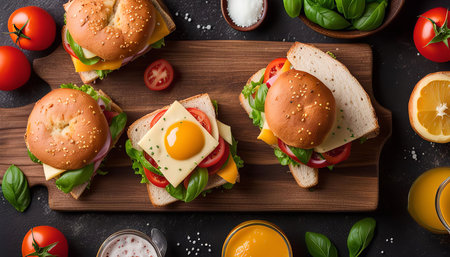 A variety of sandwiches with fresh ingredients, including tomato, cheese, lettuce, basil, egg, and bread. The sandwiches are arranged on a wooden board with orange juice and other ingredients.の写真素材