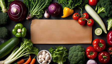 A variety of fresh vegetables, including broccoli, tomatoes, zucchini, garlic, onions, bell peppers, celery, and mushrooms, arranged around a brown paper on a black background.の写真素材
