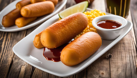 Close up of corn dogs with BBQ sauce and corn on the side, a delicious and satisfying meal.の写真素材