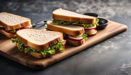 A group of three fresh sandwiches on a wooden board.の写真素材