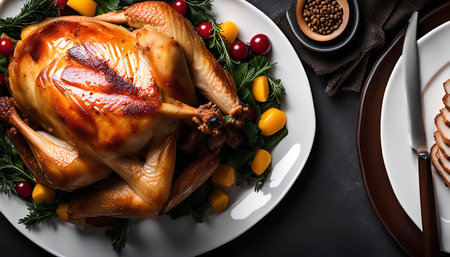A roasted turkey served on a white platter, garnished with fresh herbs, cranberries and yellow vegetables.の写真素材