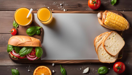 A close-up image of a fresh summer sandwich with a variety of toppings and ingredients, alongside orange juice and other snacks on a wooden table.の写真素材