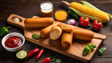 A wooden cutting board with a pile of corn dogs and a small bowl of ketchup, surrounded by fresh vegetablesの写真素材