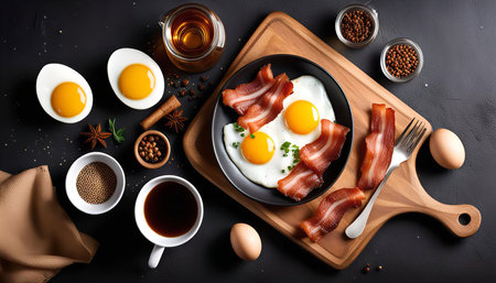 A plate of fried eggs and crispy bacon on a black background, with additional eggs and spices surrounding it. This image evokes a sense of deliciousness and a hearty, satisfying breakfast.の写真素材