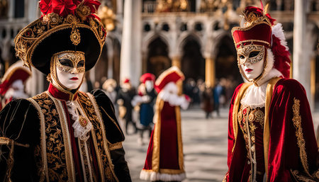 Two people in ornate Venetian Carnival masks and costumes.の写真素材