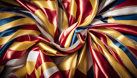 A close-up of a red, blue, and gold striped satin ribbon with sequins, forming a swirl or knot pattern. The fabric is soft, glossy, and the sequins add a sparkle. The ribbon could be used for gift wrapping, decorations, or fashion accessories.の写真素材