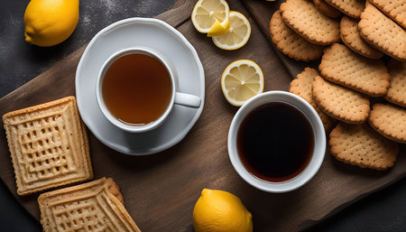 A table set with a cup of tea, cookies, and lemons for a cozy and delicious afternoon tea.の写真素材
