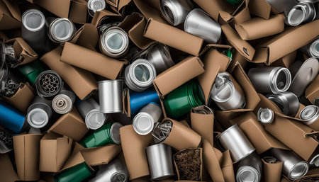 A close-up of a pile of recycled cans and cardboard boxesの写真素材