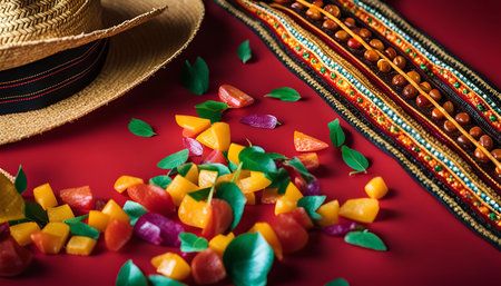 A close-up of a vibrant summer still life featuring a straw hat, tropical fruit slices and a patterned belt on a red background. The bright colors of the fruit and accessories create a visually appealing and appetizing scene.の写真素材