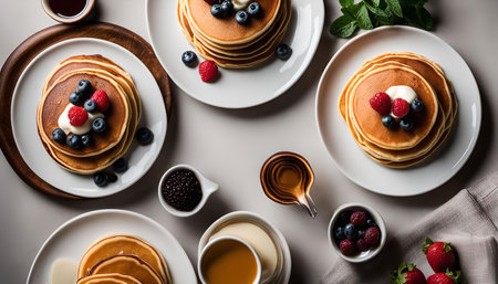 A delectable breakfast spread featuring fluffy pancakes stacked high, topped with fresh blueberries, raspberries, and whipped cream. A side of syrup and a bowl of berries complete this tempting culinary masterpiece.の写真素材