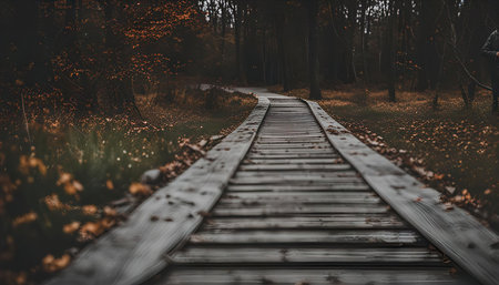 A wooden path through the forest, leaves scattered on the ground.の写真素材